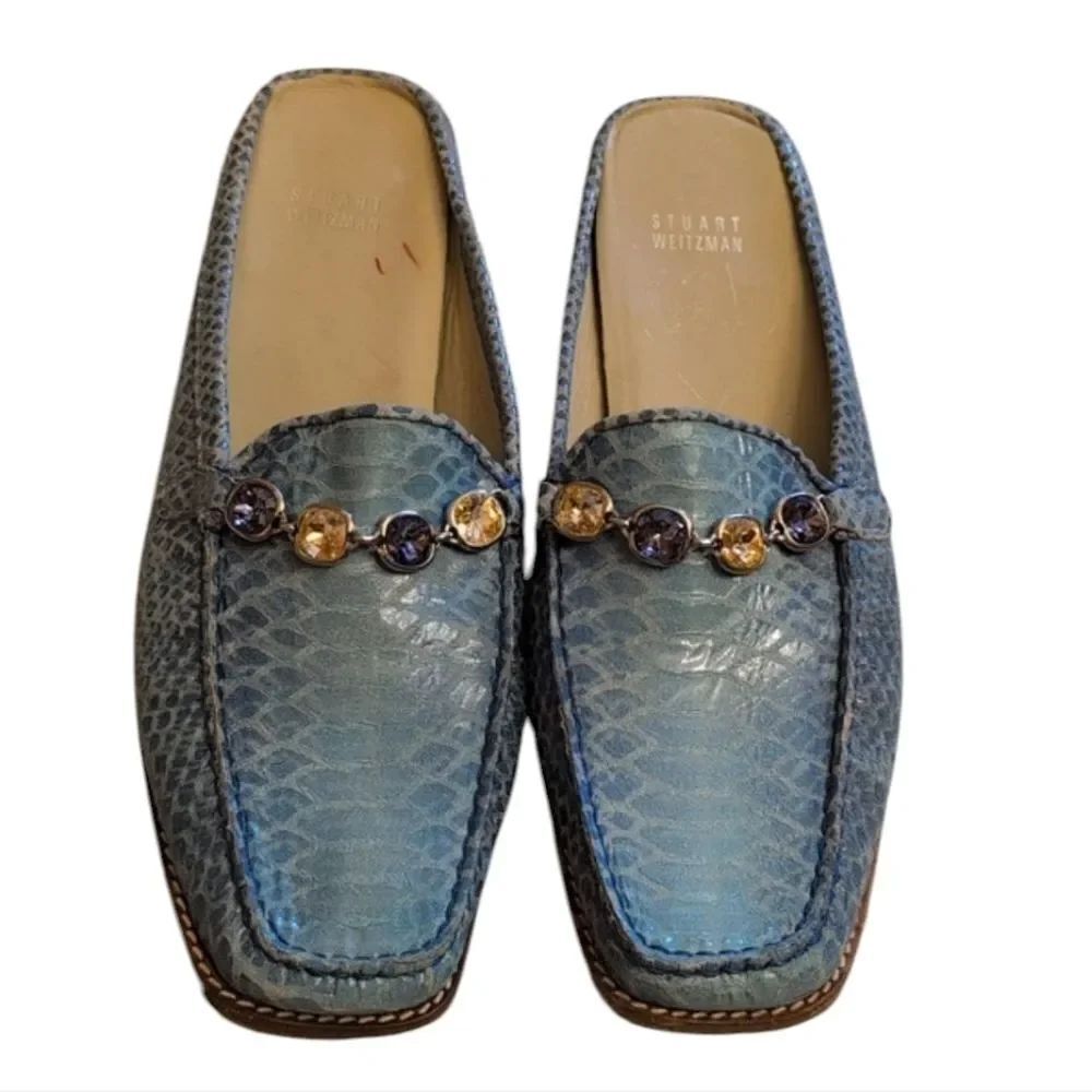 Stuart Weitzman Jeweled Blue Snakeskin Mules Open Back Slides Loafer Size 10